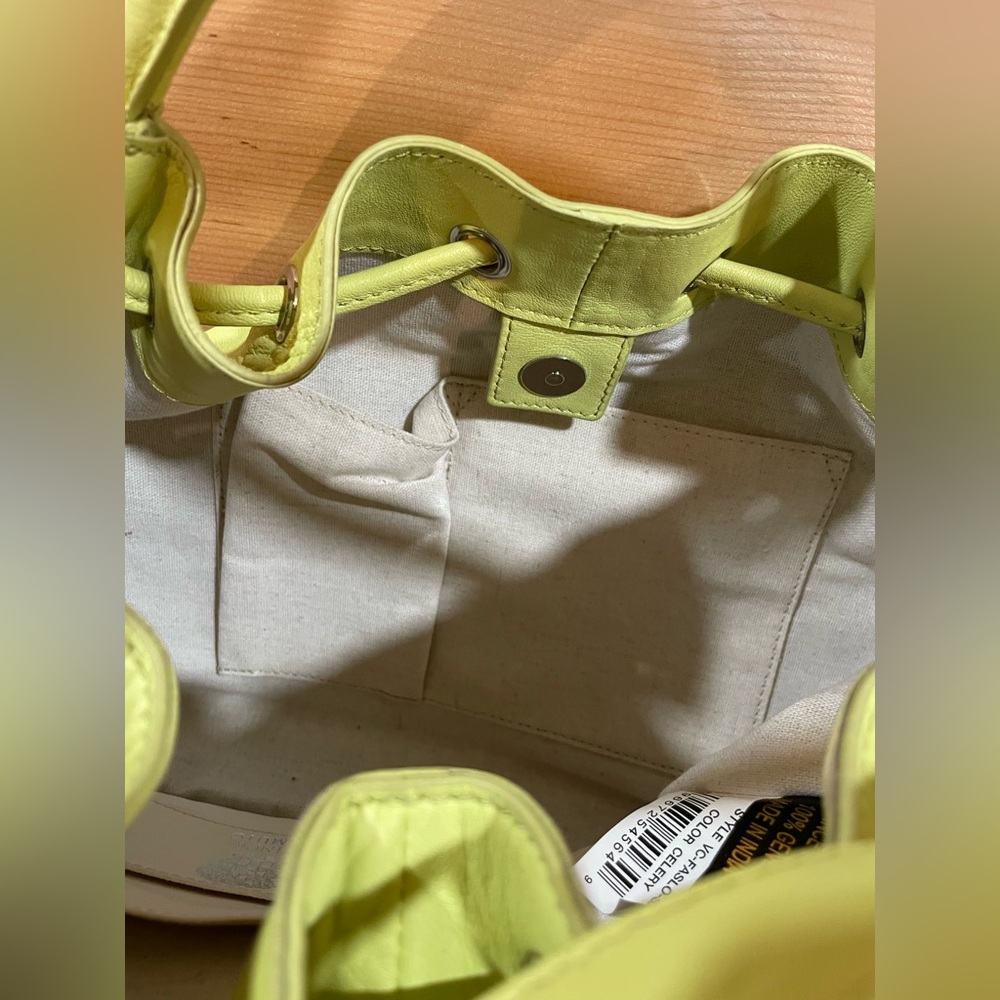 NWOT Vince Camuto Faslo Leather Bucket Satchel in Celery with Drawstring Closure - Picture 11 of 16